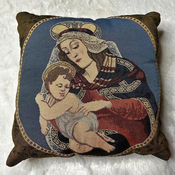 Virgin Mary and Child Tapestry Pillow 15x15" Square Decorative - Picture 2 of 4